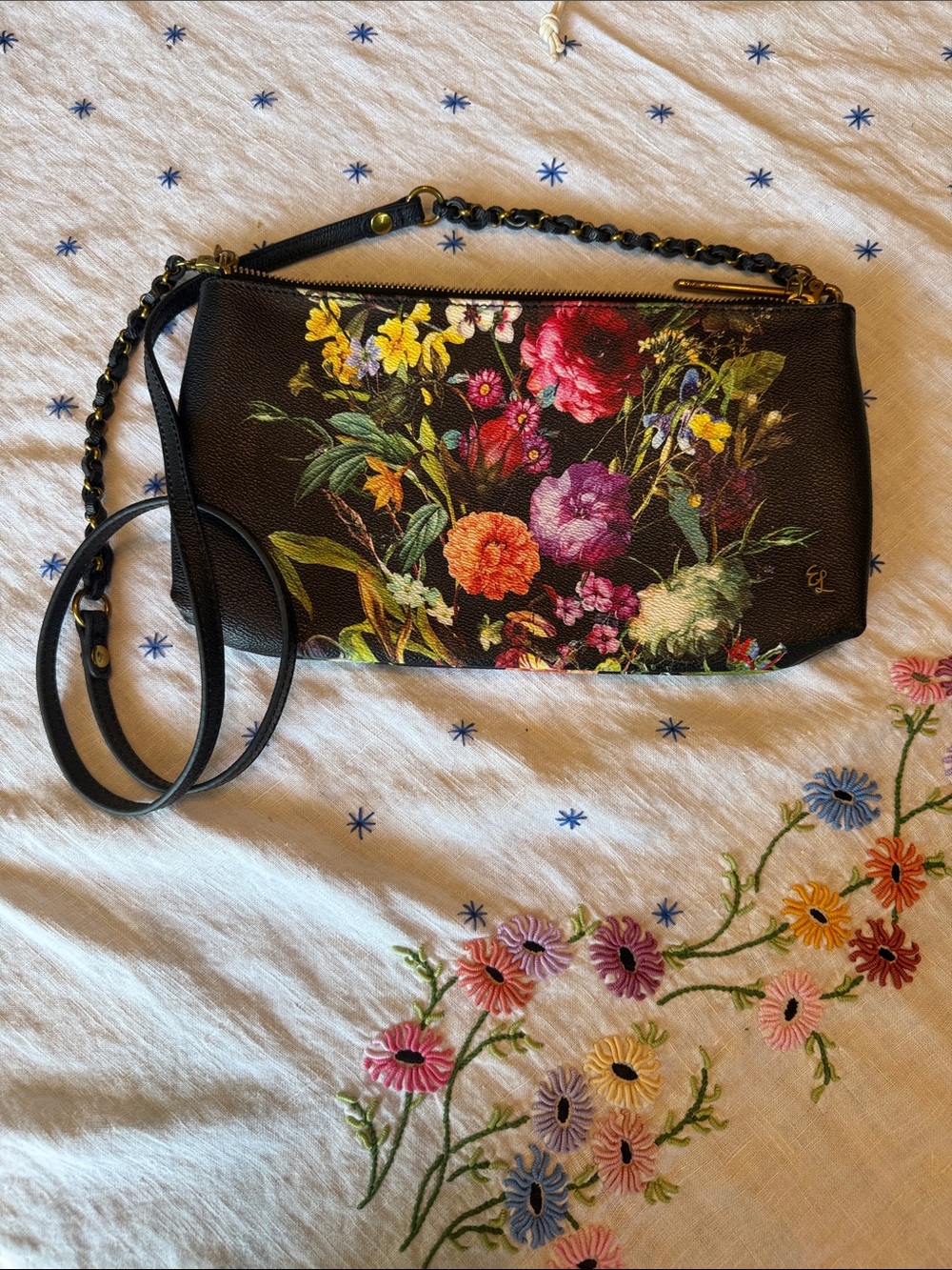 Elliott Lucca Black Floral Crossbody with Chain-and-Leather Strap